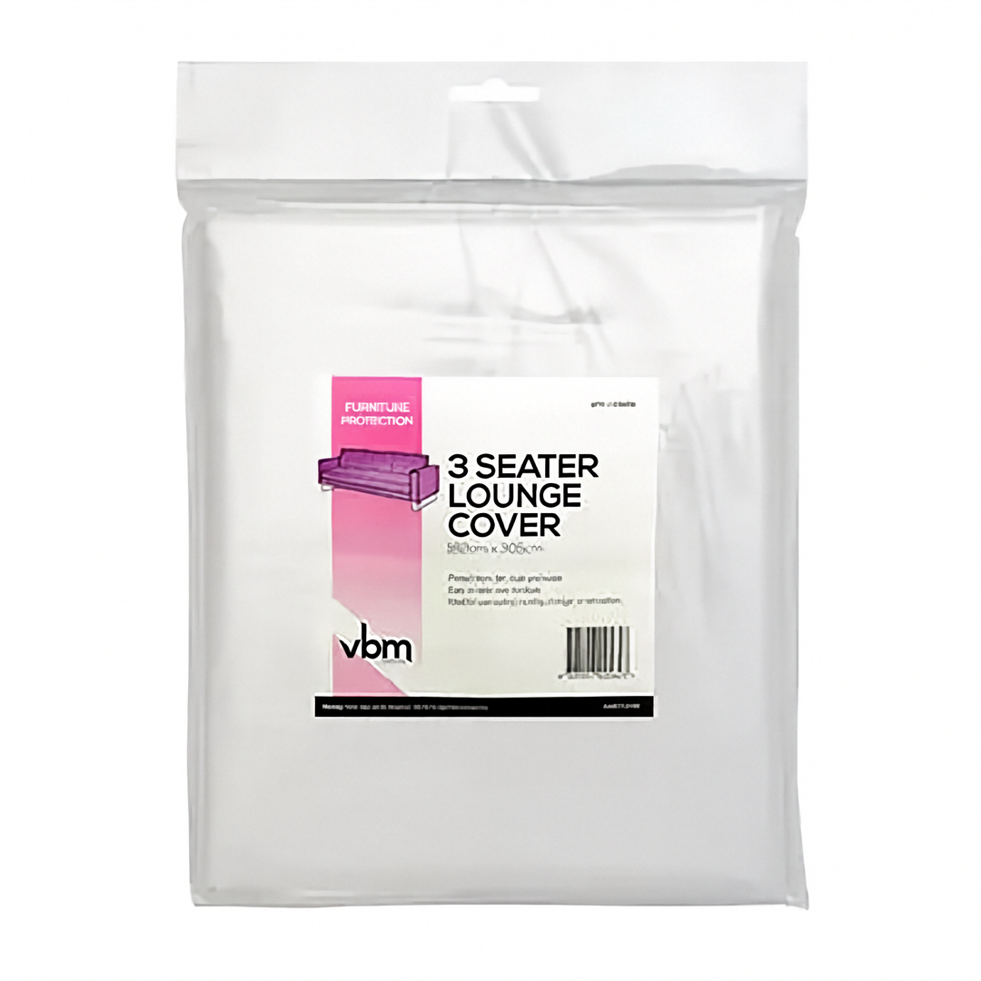 A packaged clear plastic 3 seater couch furniture protector cover labeled '3 Seater Lounge Cover' with a pink and white logo, shown on a plain white background.