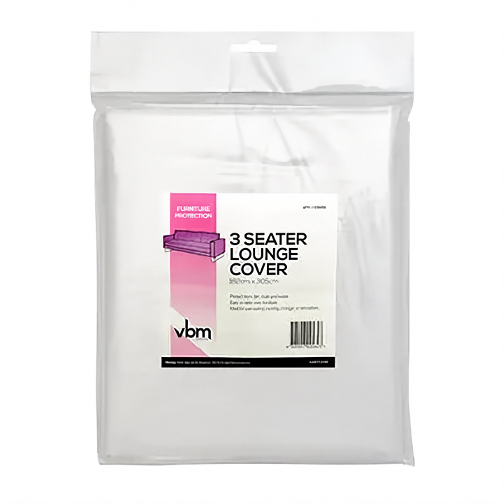A packaged clear plastic 3 seater couch furniture protector cover labeled &