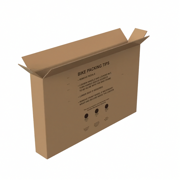 A brown cardboard bike box shown at an angle on a white background, with printed text on the side reading &