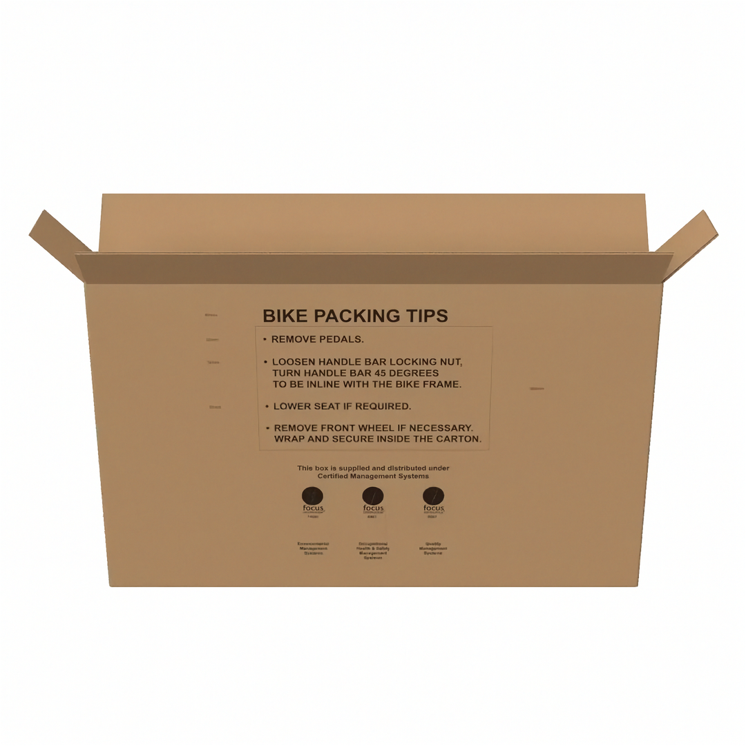 A brown cardboard bike box with the lid open, printed with &