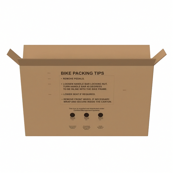 A brown cardboard bike box with the lid open, printed with &