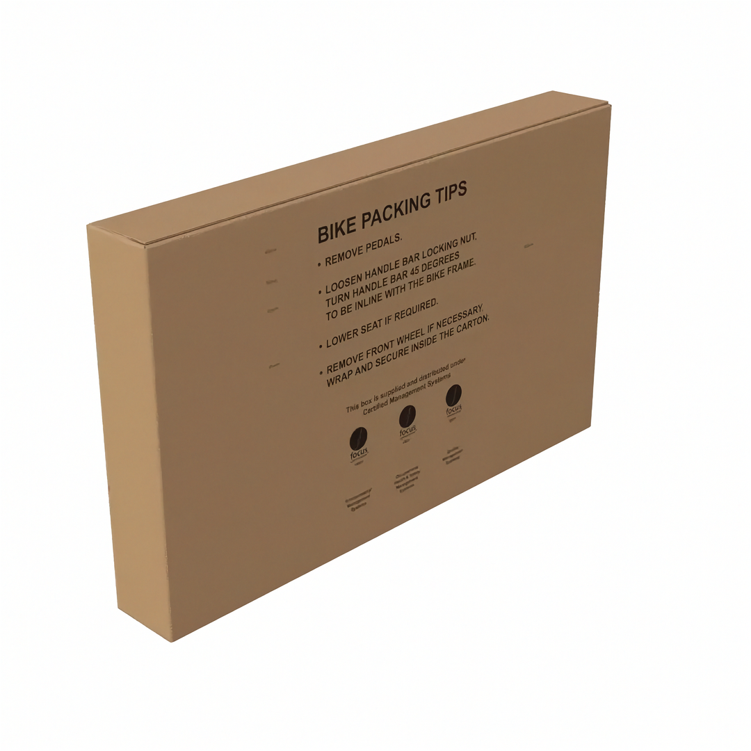 A brown cardboard bike box shown closed at an angle on a white background, with printed text reading &
