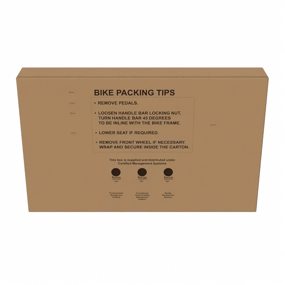 A brown cardboard bike box shown closed with printed black text titled &