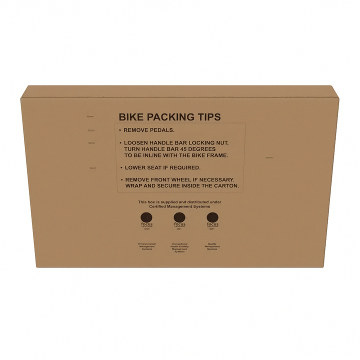 A brown cardboard bike box shown closed with printed black text titled &