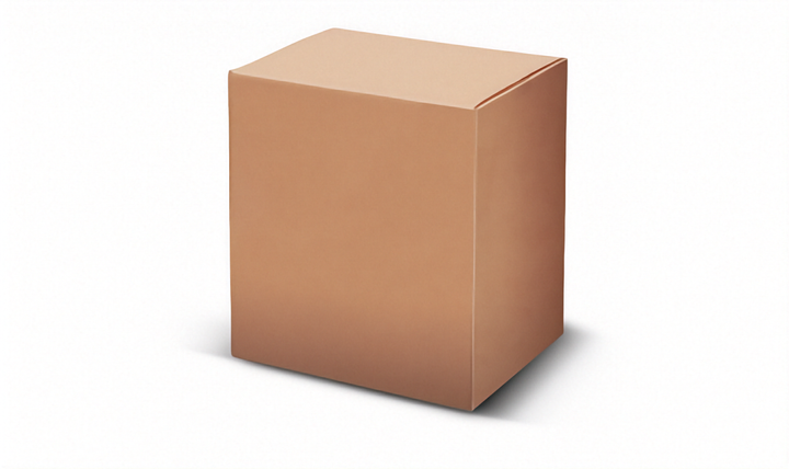 A plain brown cardboard book and wine moving box with a closed lid, shown from a three-quarters perspective on a white background with a soft shadow.