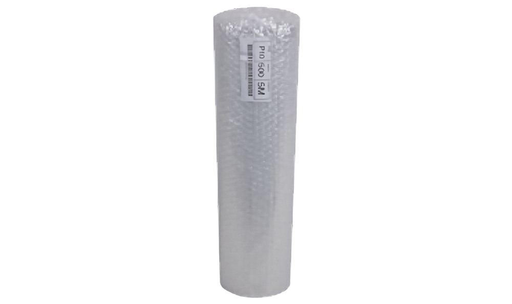 A roll of clear bubble wrap packaging with a white label reading 'P10 500 g/m' on a plain white background.