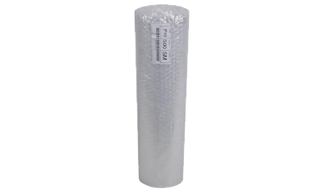 A roll of clear bubble wrap packaging with a white label reading &