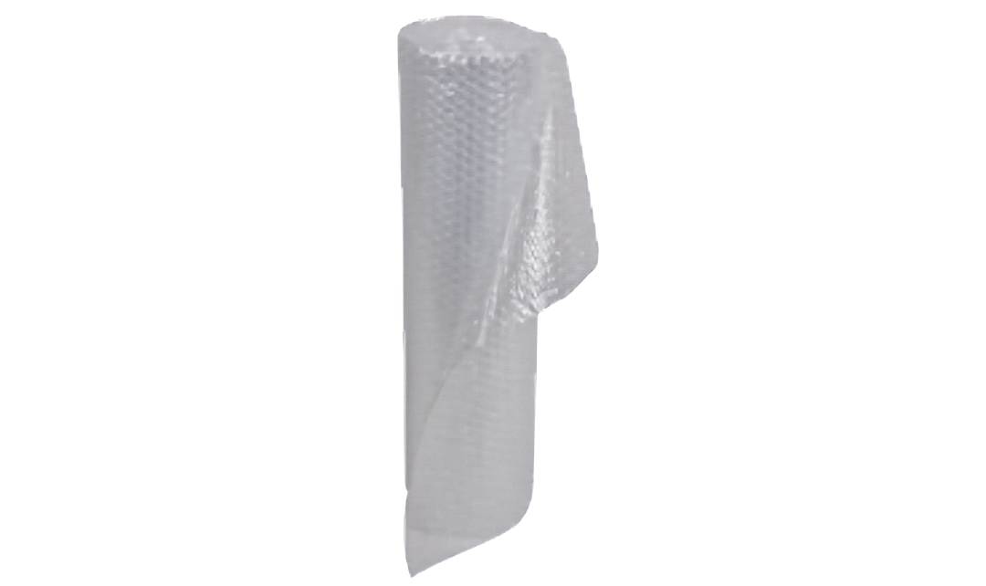 A roll of clear bubble wrap packaging material, shown standing upright against a plain white background.