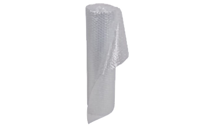 A roll of clear bubble wrap packaging material, shown standing upright against a plain white background.