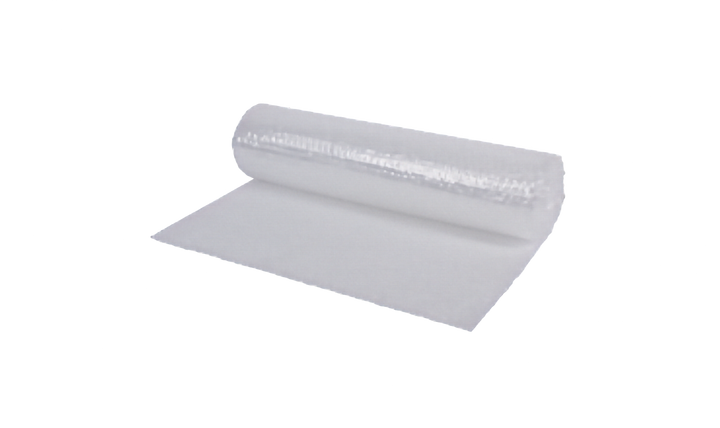 A roll of clear bubble wrap, partially unrolled to show its textured, transparent surface, set against a plain white background.