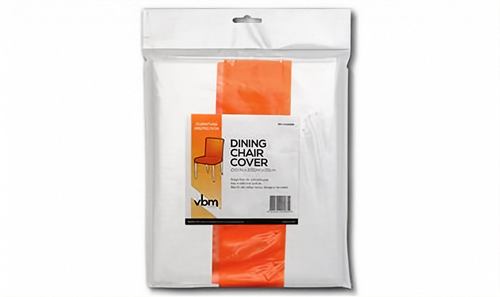 A packaged dining chair cover, shown in its clear plastic retail pouch with an orange printed label and a small chair illustration.