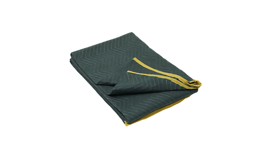 A folded green removal blanket with a subtle chevron pattern and yellow drawstring accents, shown on a plain white background.