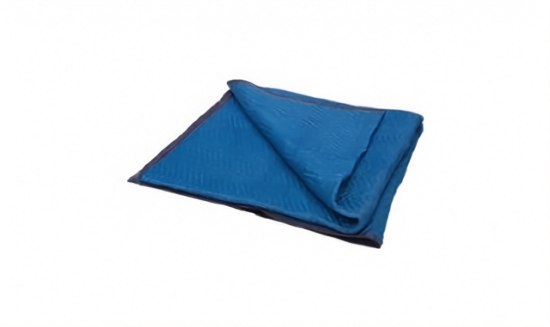 A folded heavy duty blue quilted moving blanket with a dark border, shown on a plain white background.