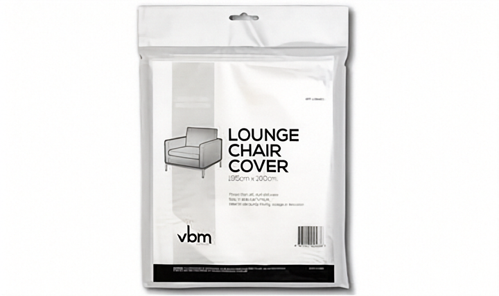 A packaged clear lounge chair cover, shown in its clear plastic retail pouch with printed text and a chair icon on a white background.