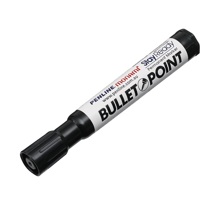 A Bullet Point Permanent Marker with a black cap and a white barrel featuring black and red text, shown on a plain white background.