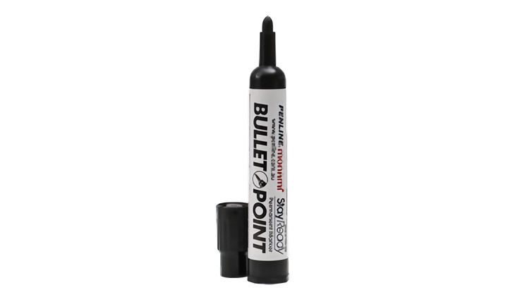 A black bullet point marker with its cap removed, standing next to the marker on a plain white background. The marker barrel is white with black and red text reading &