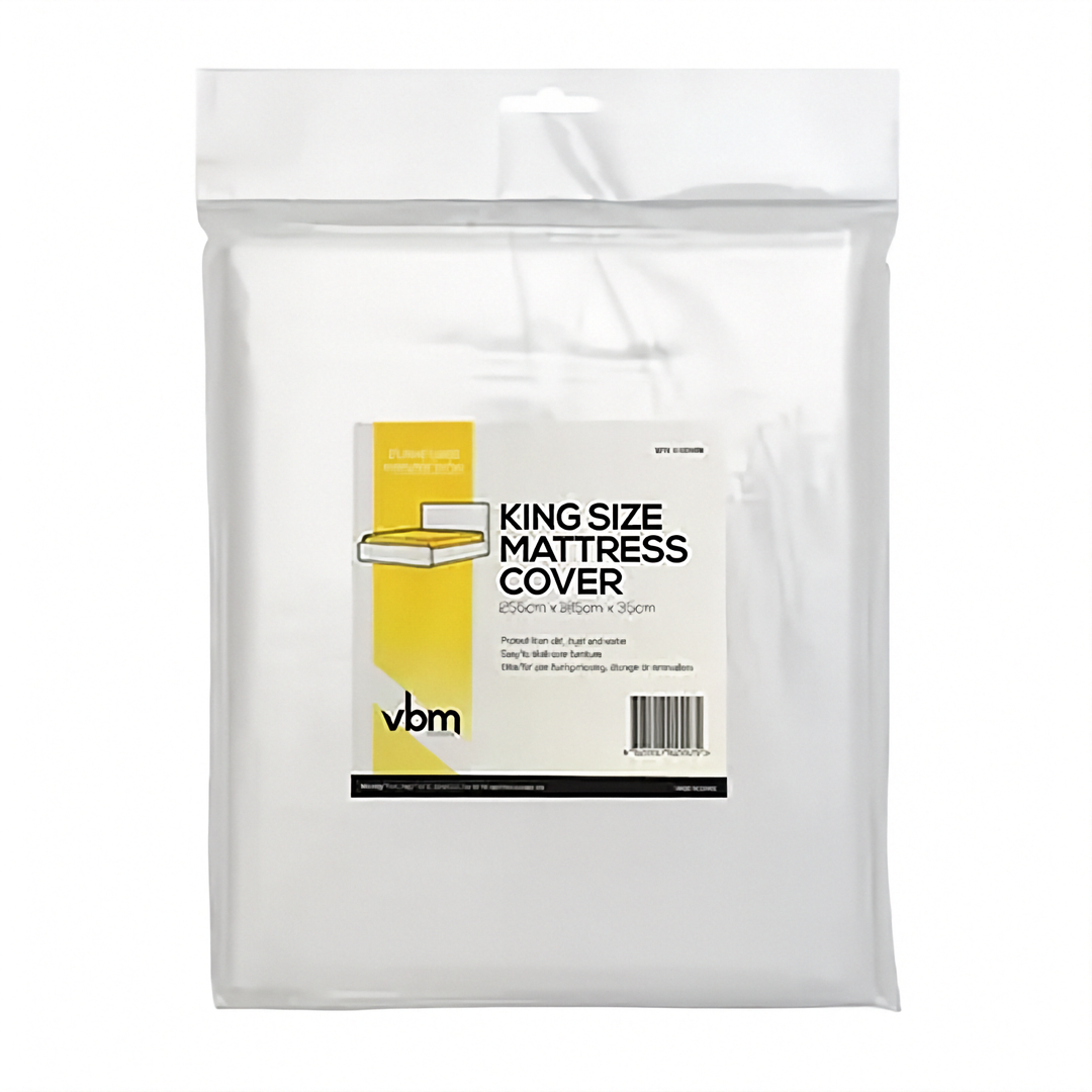 A package of a King Size Mattress Cover, in a clear plastic resealable bag with a yellow and white label on a white background.