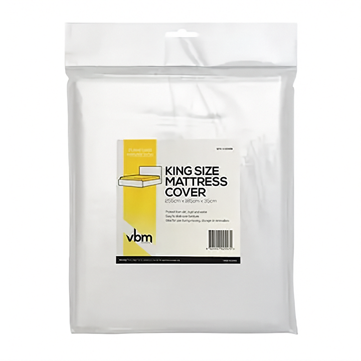 A package of a King Size Mattress Cover, in a clear plastic resealable bag with a yellow and white label on a white background.