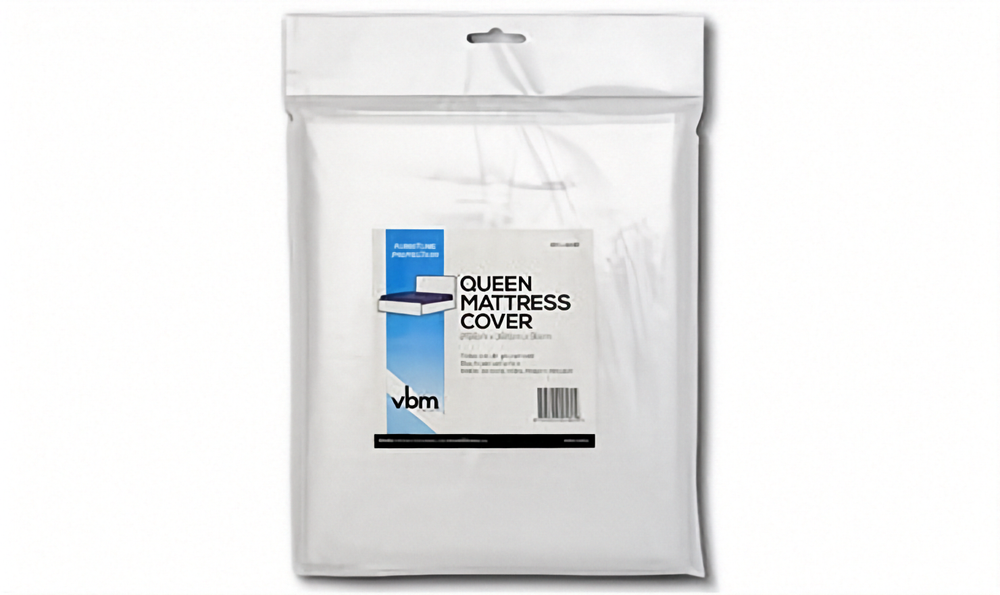 A clear plastic package containing a Queen Mattress Cover, with a front label showing. Shown on a white background.