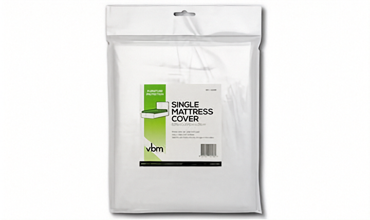 A clear single mattress cover in its clear plastic retail packaging with a hanging tab at the top and a front label reading &