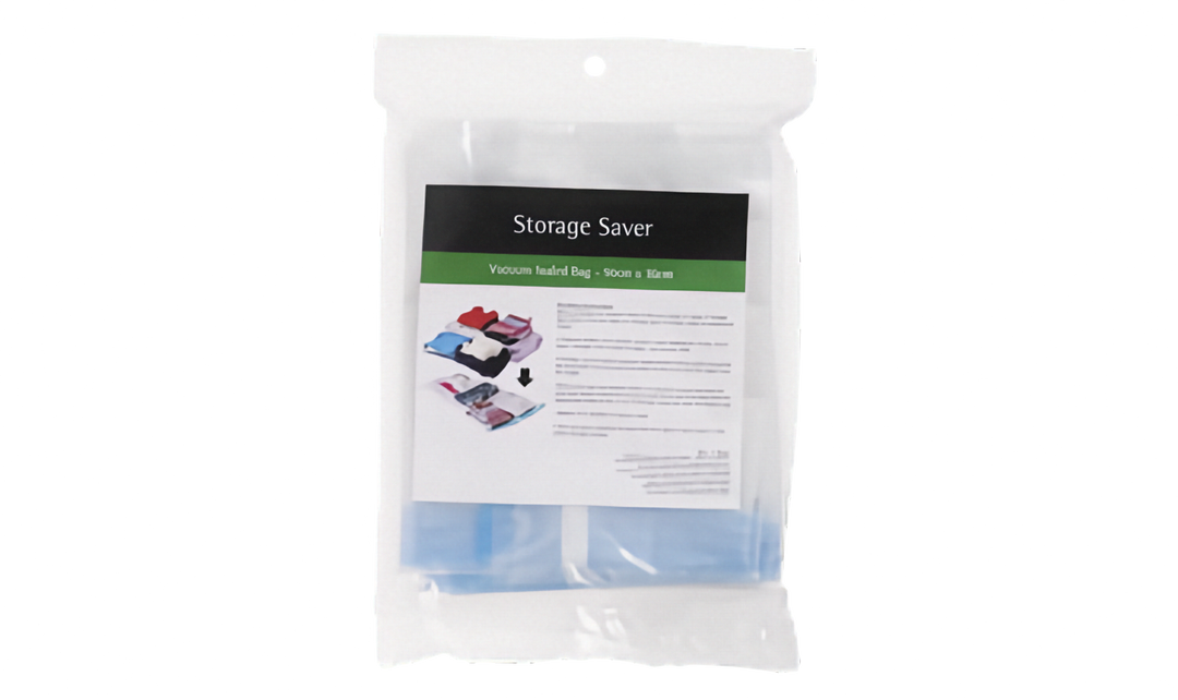 A packaged vacuum sealer storage bag, with a white and black label that reads 'Storage Saver'.
