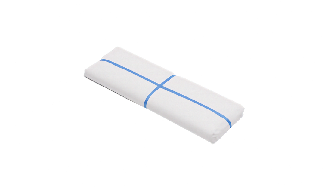 Bundled pack of white packing paper with blue strapping crossed around it. Pictured on a plain white background.