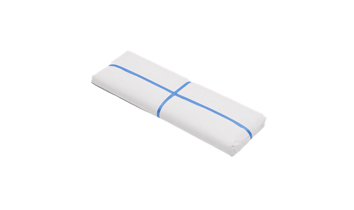 Bundled pack of white packing paper with blue strapping crossed around it. Pictured on a plain white background.