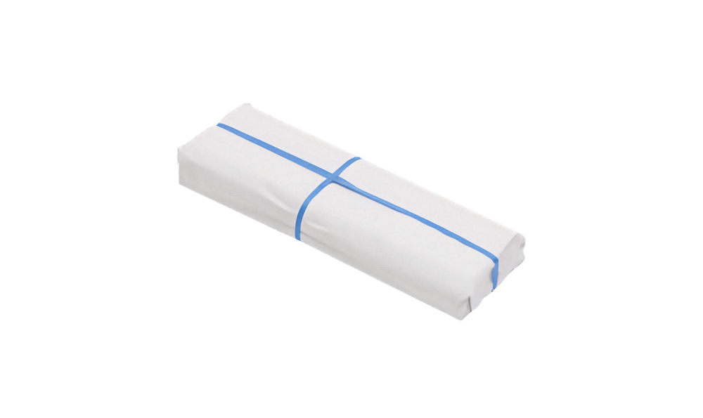 Bundled pack of white packing paper with blue strapping crossed around it. Pictured on a plain white background.