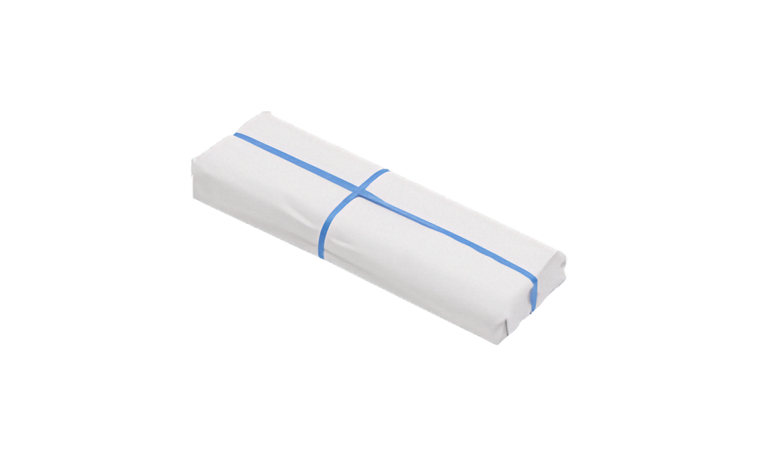 Bundled pack of white packing paper with blue strapping crossed around it. Pictured on a plain white background.