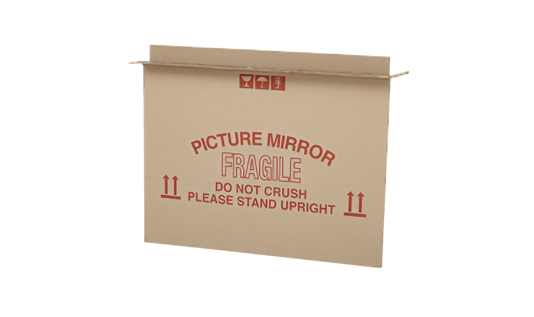 A brown cardboard picture frame box open at the top with red printed text reading &