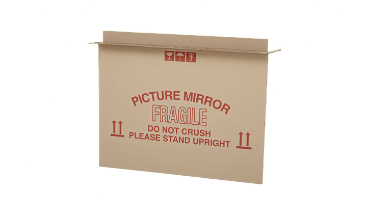 A brown cardboard picture frame box open at the top with red printed text reading &