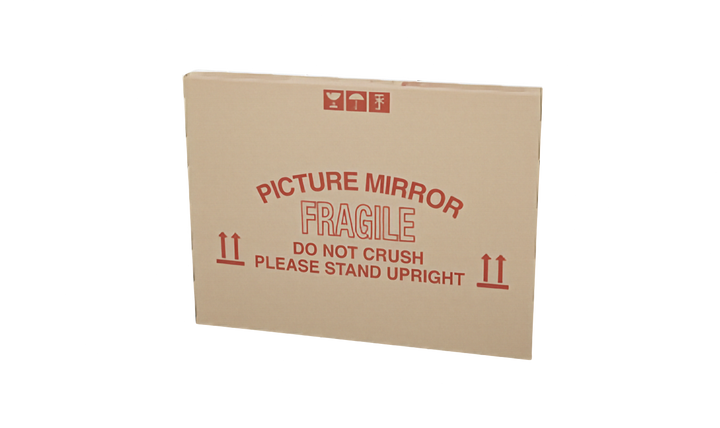 A cardboard picture frame box with red printed text reading &
