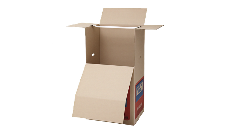 A tall, open cardboard port a robe box with flaps extended and metal rail, shown on a plain white background.