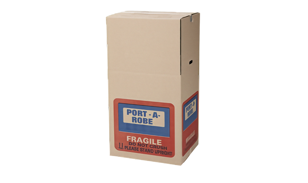 A cardboard Port-A-Robe garment storage box with a red and blue &