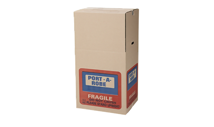 A cardboard Port-A-Robe garment storage box with a red and blue &