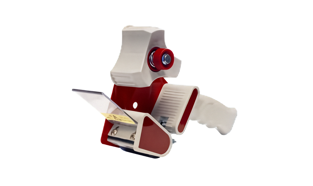 A red and white plastic tape dispenser. Isolated on a white background.