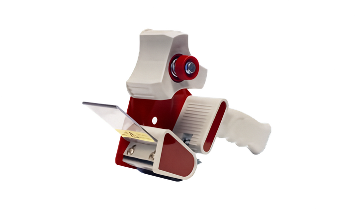 A red and white plastic tape dispenser. Isolated on a white background.