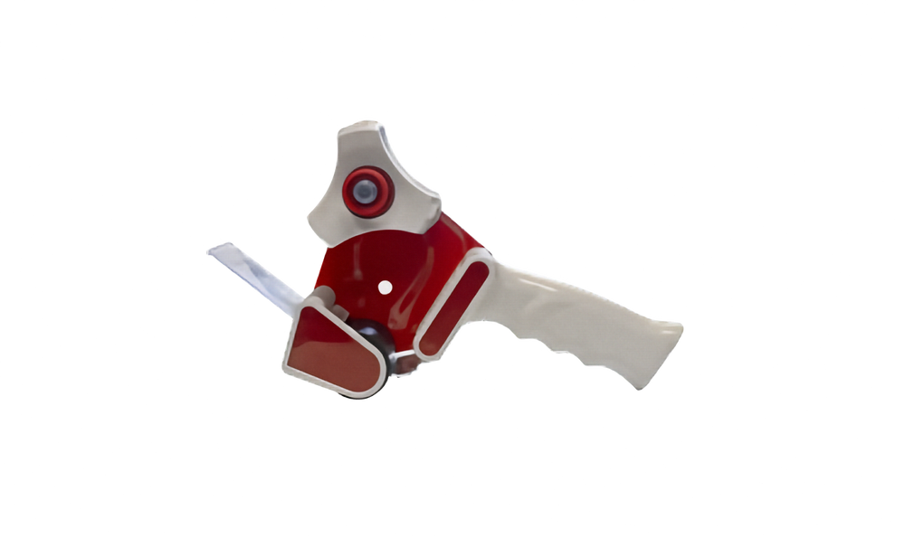 A red and white plastic tape dispenser, isolated on a white background.