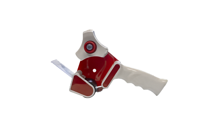 A red and white plastic tape dispenser, isolated on a white background.