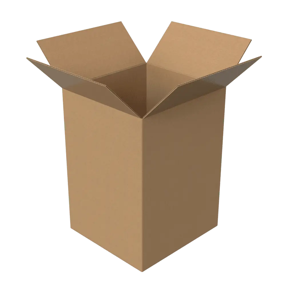 An open brown cardboard tea chest box with flaps raised, shown on a plain white background.