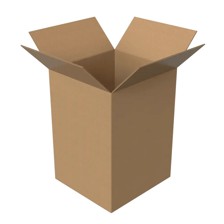 An open brown cardboard tea chest box with flaps raised, shown on a plain white background.