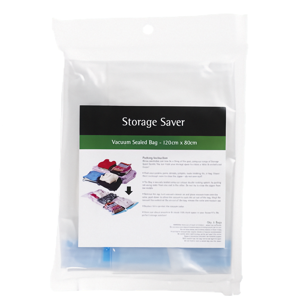 A packaged vacuum sealed bag labeled 'Storage Saver' with dimensions 120cm x 80cm, shown in a clear plastic hanging bag against a white background.