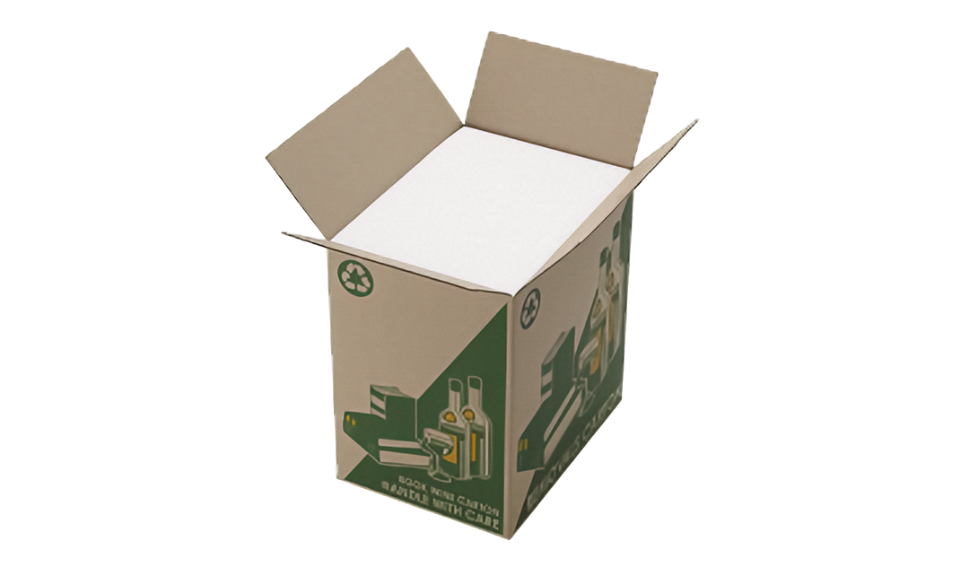An open cardboard packing box, containing the white polystyrene wine bottle insert that has been closed with the lid on top. This image shows how the insert fits into a book and wine box. The box is for example purposes only. The images shows the insert with the lid on top showing how it fits securely in the book and wine box, shown on a plain white background.