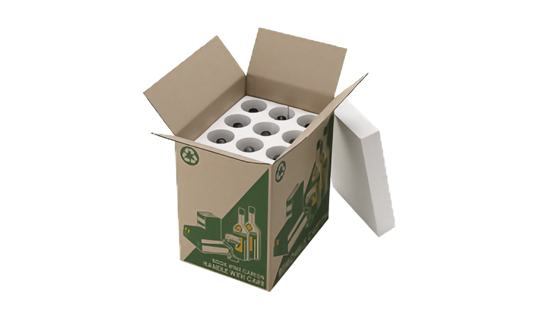 An open cardboard packing box, containing the white polystyrene wine bottle inserts with the lid leaning against the side of the box. This image shows how the insert fits into a book and wine box. The box is for example purposes only. The images also shows wine bottles inside the inserts to show how they would fit, shown on a plain white background.