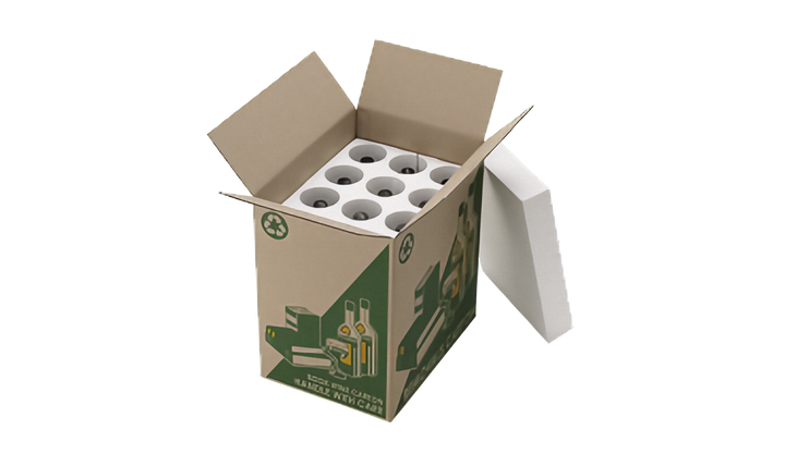 An open cardboard packing box, containing the white polystyrene wine bottle inserts with the lid leaning against the side of the box. This image shows how the insert fits into a book and wine box. The box is for example purposes only. The images also shows wine bottles inside the inserts to show how they would fit, shown on a plain white background.