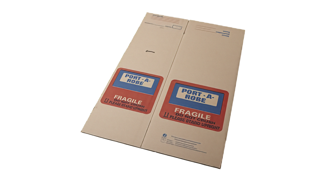 A brown cardboard port a robe box flat packed, with red and blue &